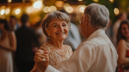 A joyful elderly couple dancing together at a lively celebration, surrounded by warm lights and a festive atmosphere.