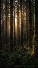 Fototapeta premium Sunlight streams through a dense forest, illuminating the tall trees and ferns.