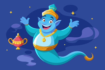 A genie emerges from a magical lamp colorful vector illustration