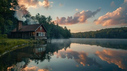 Obraz premium A cozy cabin by a calm lake, with the sky reflecting beautiful dusk colors on the water and smoke gently rising from the chimney.