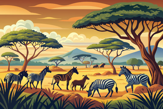 a zebra herd grazing under acacia trees in a savan colorful vector illustration