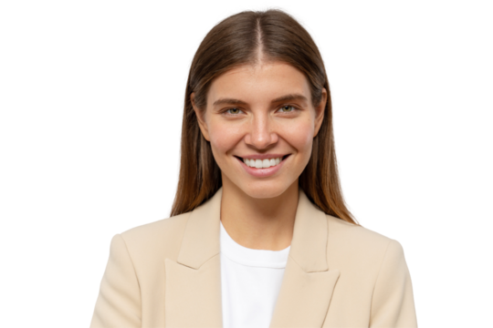 Headshot of smiling successful student girl in beige jacket looking at camera. Studio shot of happy confident motivating business coach