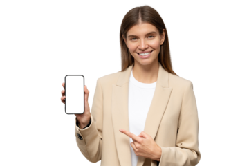 Young business woman holding phone with blank screen for finance app, pointing to it