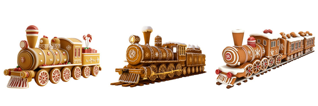 Set of a Christmas gingerbread train, isolated on a transparent background.