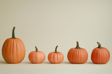Five Orange Pumpkins of Varying Sizes on a Light Beige Background