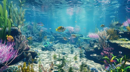 Fototapeta premium A diverse underwater habitat with various species of fish, plants, and corals creating a bustling ecosystem.