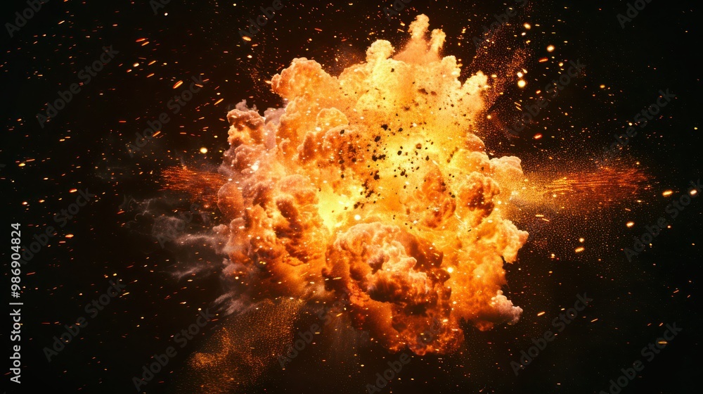 Poster a dramatic fireball explosion with intense flames and sparks, isolated on a transparent background f