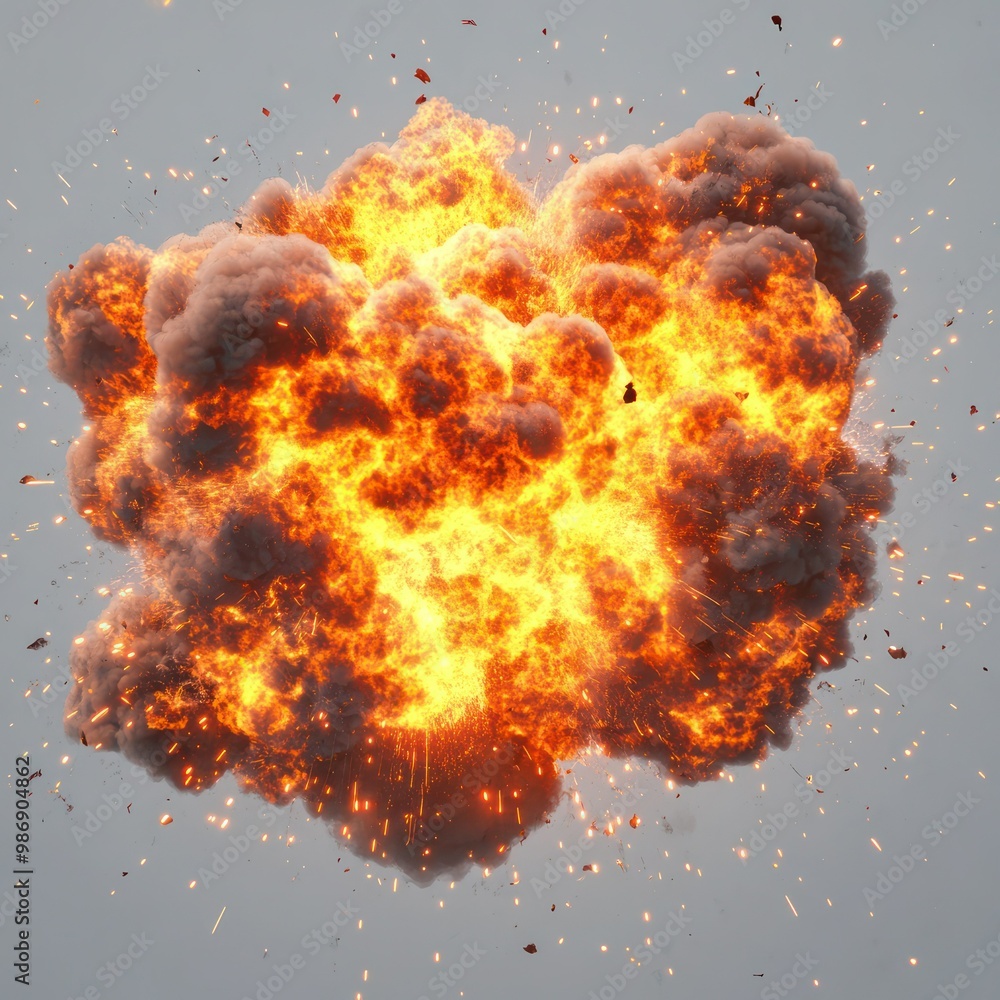 Poster a dramatic fireball explosion with intense flames and sparks, isolated on a transparent background f