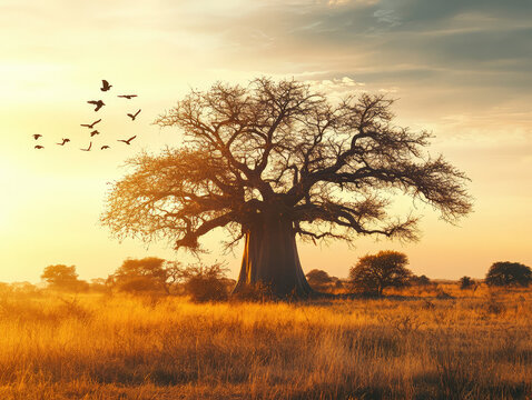 Baobab tree at sunset with birds flying in the African savanna