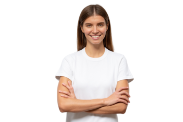 Portrait of young woman standing with arms crossed and smiling