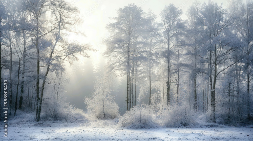Poster a frosty morning scene with trees covered in snow and frost, with soft sunlight filtering through.