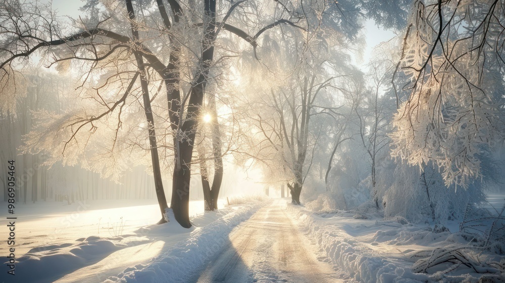Poster a frosty morning scene with trees covered in snow and frost, with soft sunlight filtering through.