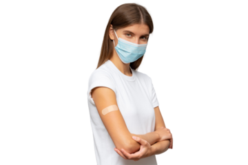 Profile view of vaccinated woman with crossed hands in medical mas