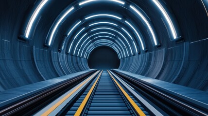 Obraz premium Futuristic tunnel with illuminated tracks and dark void at the end.