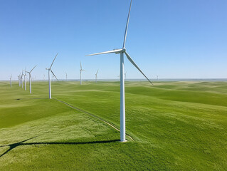 Wind turbines on green fields under a clear blue sky