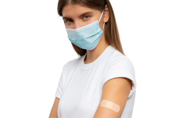 Close-up portrait of vaccinated woman in medical mask