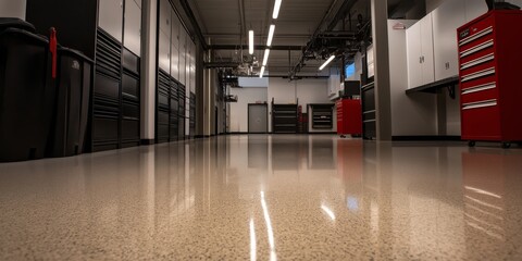 A spacious, well-organized industrial workspace with polished floors and red tool chests under fluorescent lights.