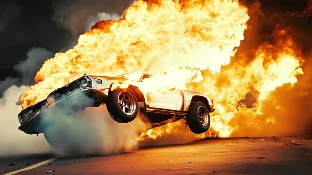A dramatic scene of a car engulfed in flames, soaring into the air against a backdrop of thick smoke and fiery explosions.