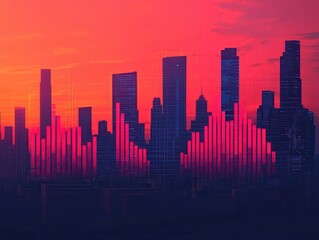 Fototapeta premium Vibrant sunset over a city skyline with sound waves in the foreground, symbolizing music, technology, and urban life.