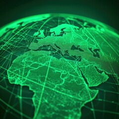A glowing, digital representation of Earth, showcasing green continents and intricate grid lines in a futuristic style, Eco and sustainable concept.