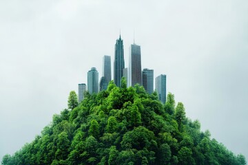 Fototapeta premium An innovative blend of nature and urban architecture, depicting skyscrapers rising from a lush green hill, Eco and sustainable concept.