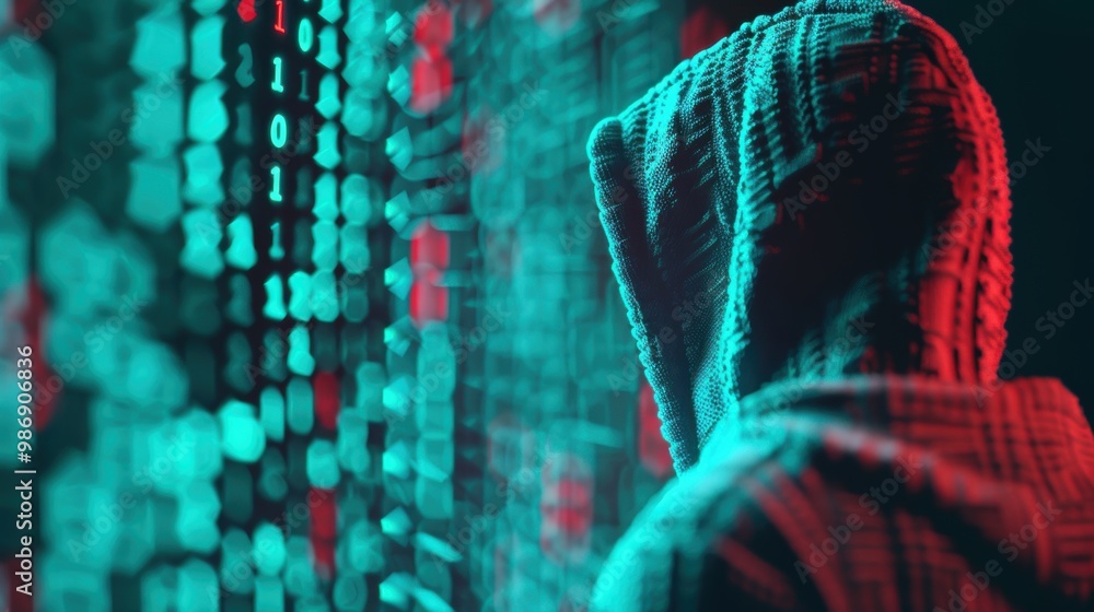 Poster an ominous scene showing a shadowy figure with a hooded silhouette manipulating code on a computer s
