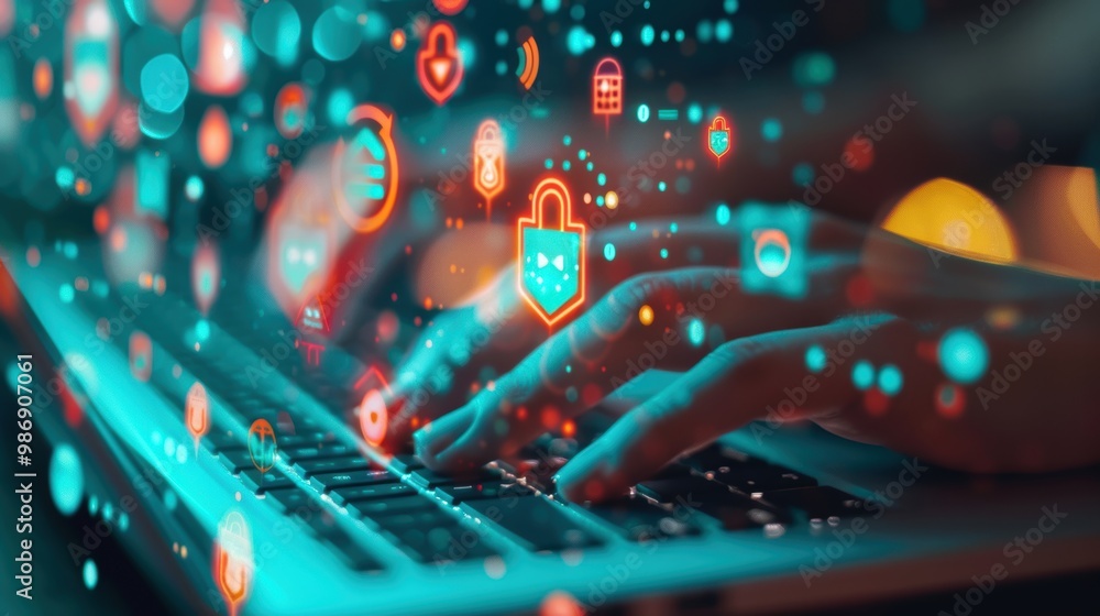 Poster a close-up of hands typing on a keyboard with a digital overlay of warning signs and symbols, emphas
