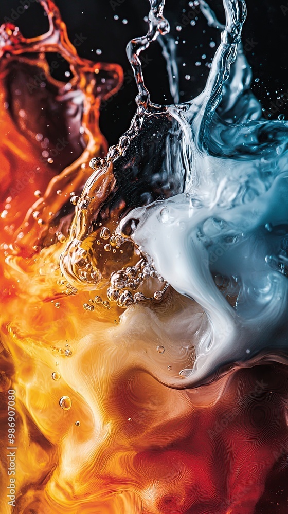 Poster abstract background of colorful liquid with splashes and bubbles.