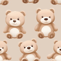 Obraz premium vector illustration of [chubby and fluffy bear plush doll in pastel browne random sizes and random rotations with different poses]e pastel beige backgrounde top down view Seamless