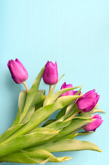 Tongue fresh tulips usually considered as innocence flowers and are an extremely pleasant surprise when we give them just without a chance. On wooden background. Tulips on old boards, spring concept. 