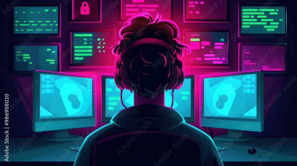 Poster an individual in a dark room, working on a computer with several screens displaying security breache
