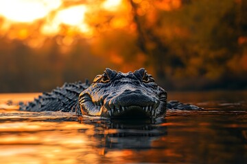 Obraz premium Alligator in Water at Sunset