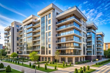 Fototapeta premium A large apartment building with a lot of windows and a green courtyard