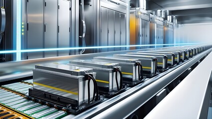 Obraz premium EV Battery Module for Automotive Industry, Lithium-Ion High-Voltage Battery for Electric Vehicle or Hybrid Car, High Capacity Battery on Production Line, Conveyor System