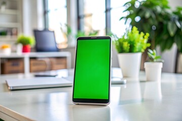 A green tablet sits on a table in front of a potted plant
