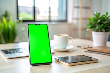 A green tablet sits on a table in front of a potted plant