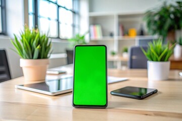Fototapeta premium A green tablet sits on a table in front of a potted plant