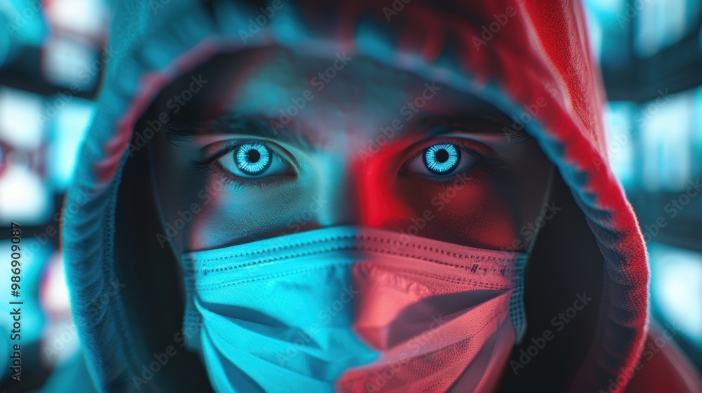 Poster a hacker wearing a hoodie and mask, surrounded by multiple computer screens displaying stolen person