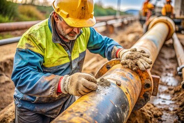 A man in a yellow hard hat is working on a pipe