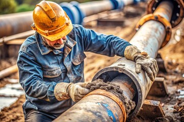 A man in a yellow hard hat is working on a pipe