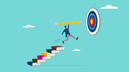 achieving education goals, strategies for achieving success with higher education, courses or skills development, Businesspeople create ladders from books to target educational goals with pencil