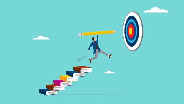 achieving education goals, strategies for achieving success with higher education, courses or skills development, Businesspeople create ladders from books to target educational goals with pencil