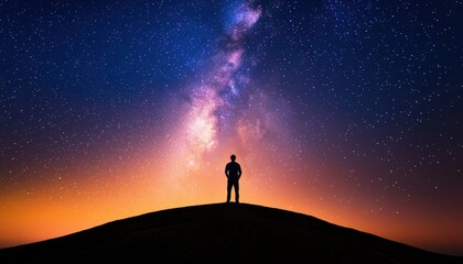Fototapeta premium Silhouette of a person contemplating under a starry sky, evoking wonder and introspection.