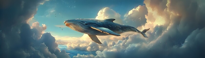 Fototapeta premium Whale Flying Through Clouds with Birds