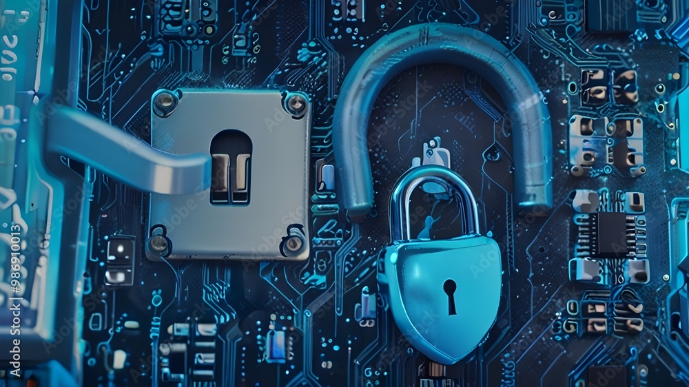 Poster Secure Digital Lock Representing Data Security and Encryption in a High-Tech Environment with Blue Circuit Board Background