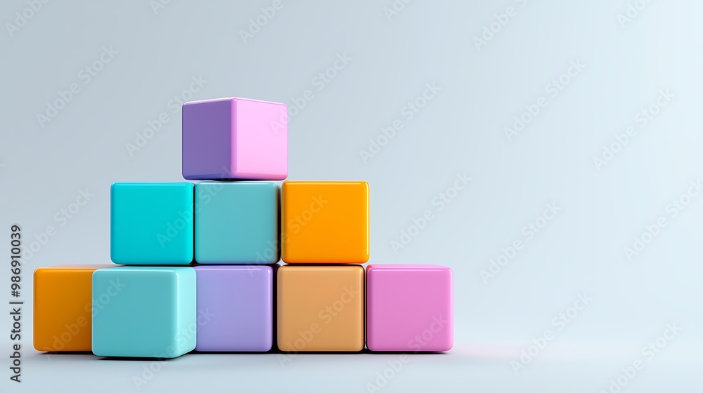 Poster colorful cubes stack neatly on a soft grey background, showcasing minimalist design.