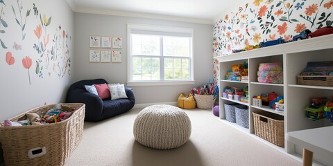 Spacious playroom with floral wall design, filled with toys, baskets, soft seating, and large window for natural light.