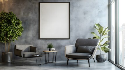 Empty poster frame in a modern office interior on a concrete wall, with natural light from windows.