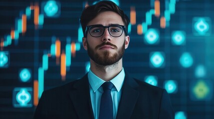 Fototapeta premium 4 Stock trader surrounded by floating currency symbols and volatile graphs, representing the instability of global markets
