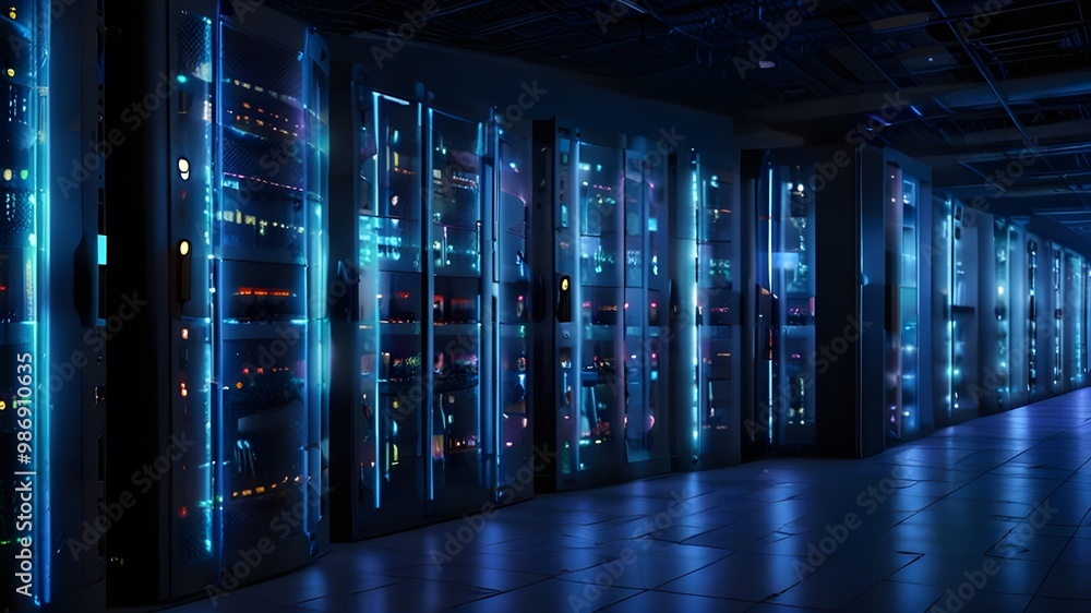 Poster high-tech data center filled with rows of server racks and cool blue lighting for advanced technolog